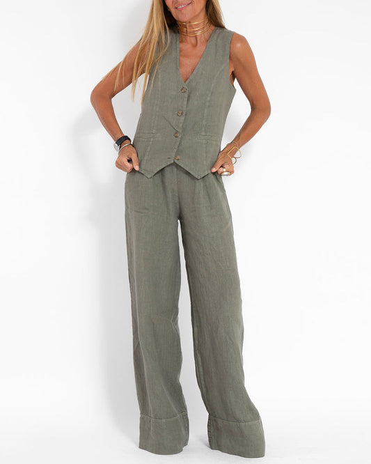 Sleeveless Vest and Wide Leg Pants Set