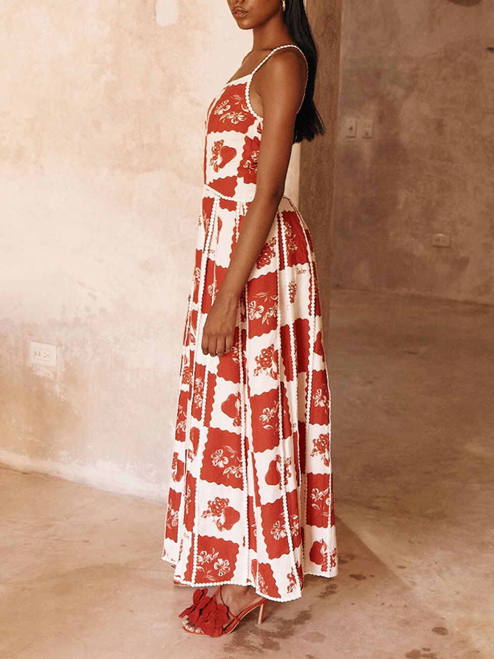 Printed Floral Trim Flared Maxi Dress