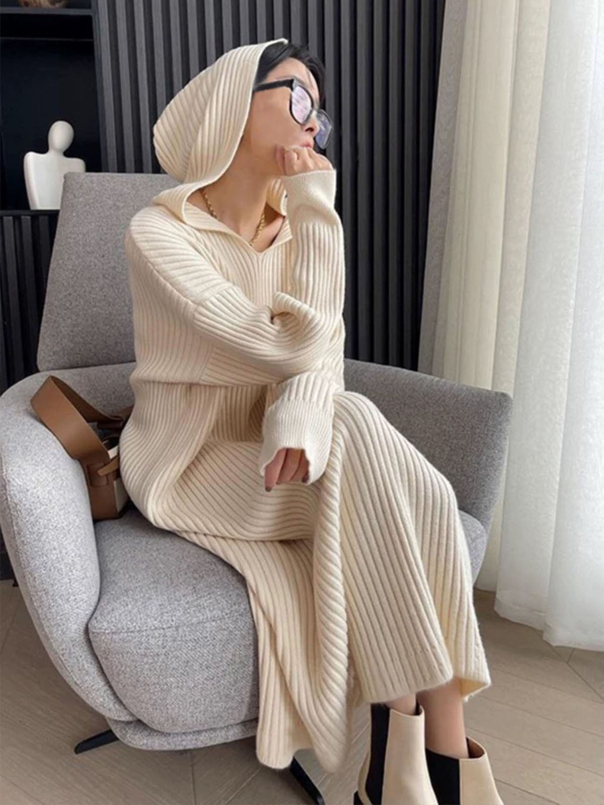 Ribbed Loose Hooded Sweater Dress