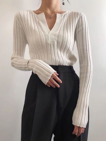 Solid Textured V-neck Knit Top