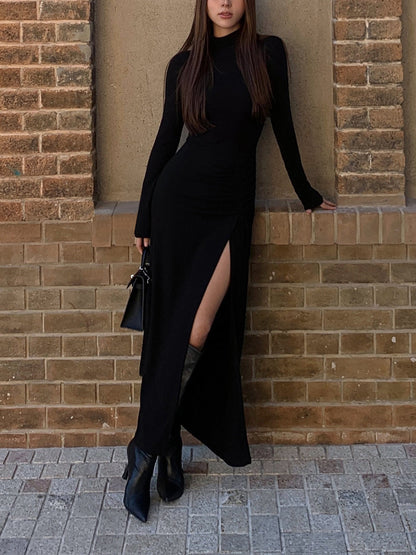 Pleated Long-Sleeved Dress With Slit