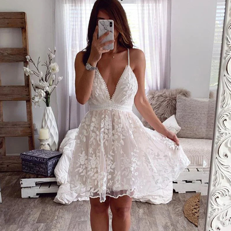 White Lace Embroidered Short Party Dress