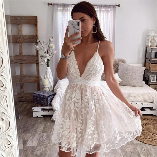 White Lace Embroidered Short Party Dress