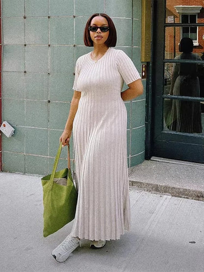 Long Pleated Short-Sleeved Dress