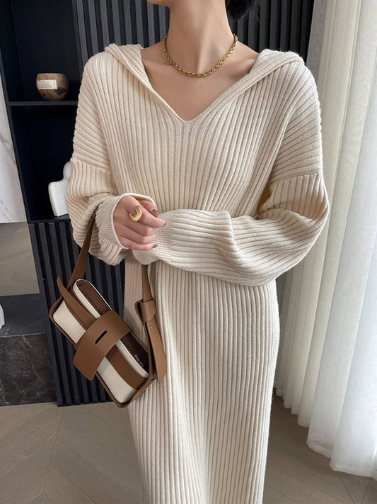 Ribbed Loose Hooded Sweater Dress