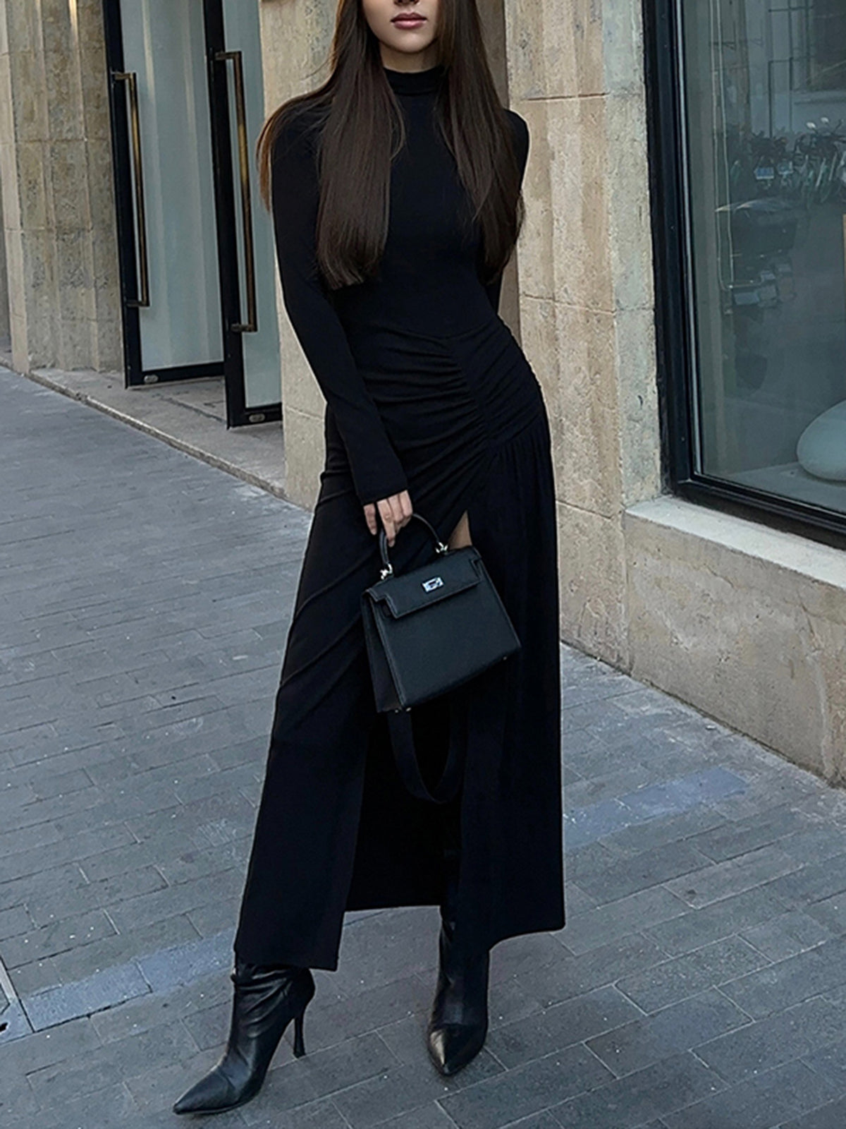 Pleated Long-Sleeved Dress With Slit