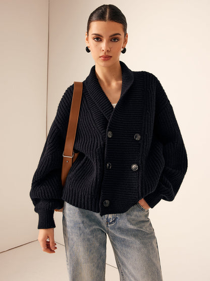 Ribbed Lapel Button Knit Outerwear 