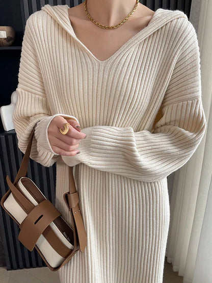 Ribbed Loose Hooded Sweater Dress