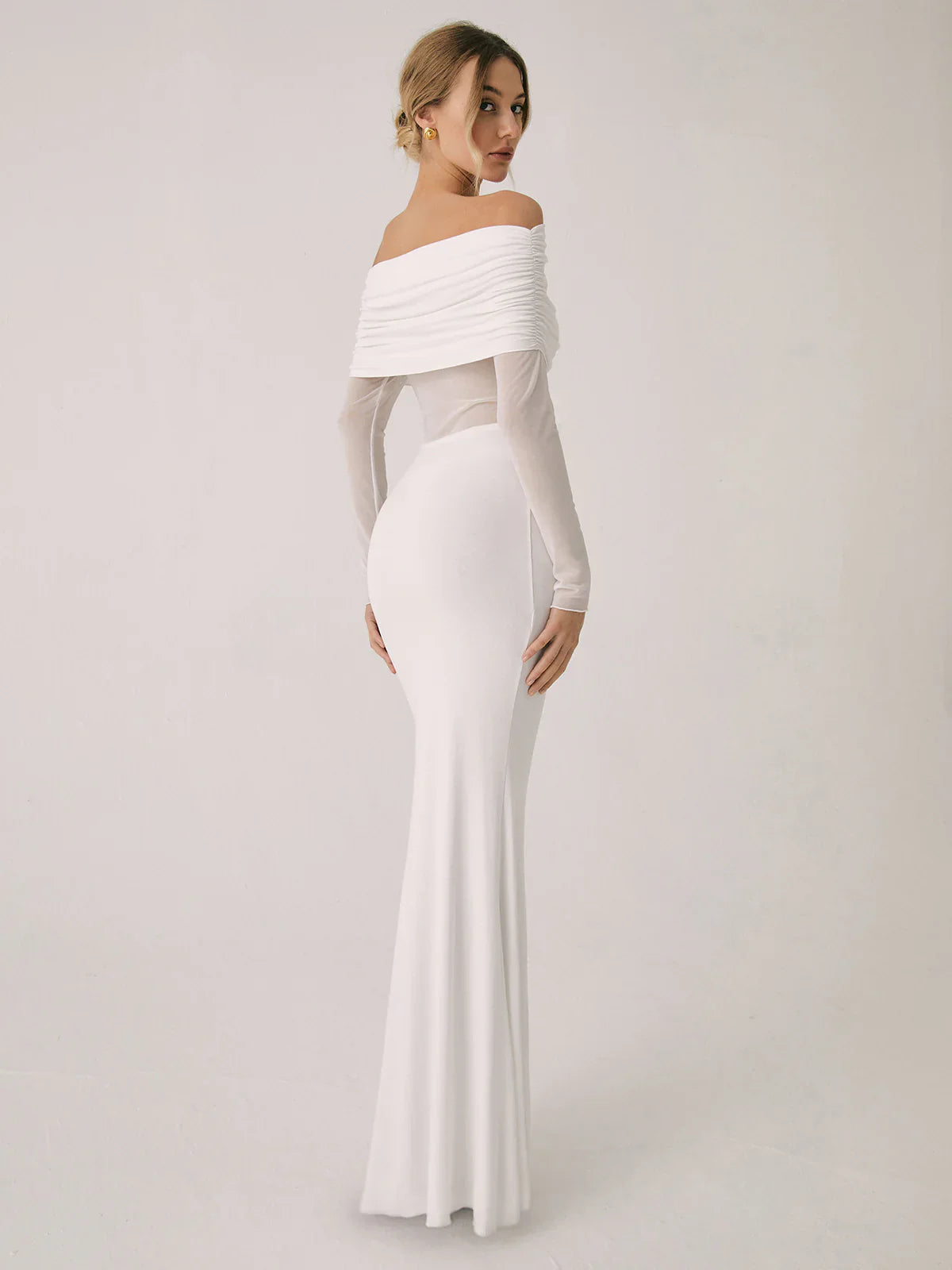 Overfold Off-Shoulder Mesh Sleeve Long Dress