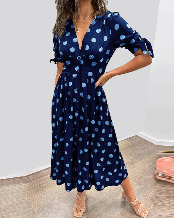 Deep V-Neck Polka-Dot Dress