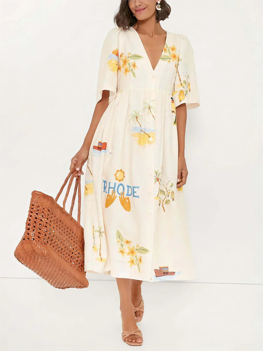 Printed Linen Midi Dress