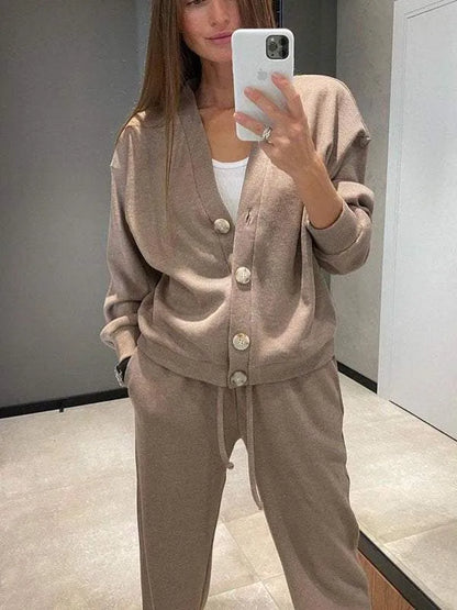 Women's Knitted Buttoned Jacket and Pants Two-piece Set